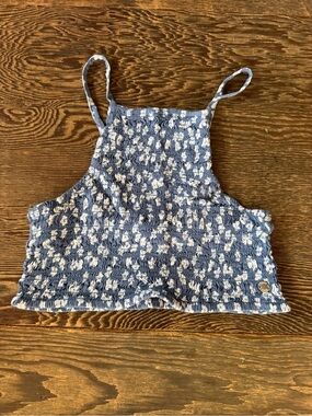 Roxy Blue and White Smocked Floral Cropped Cami